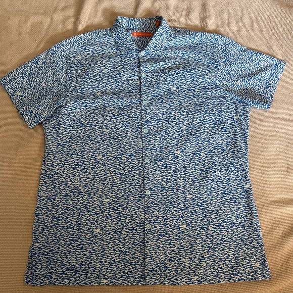 Tori Richard Marina Blue and White Shark Aloha Shirt-Fitted Cotton Lawn Style - Picture 1 of 7
